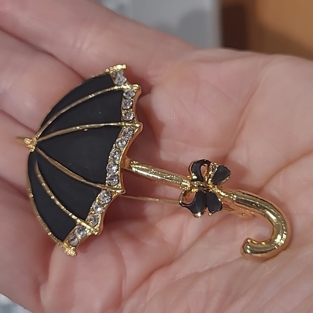 Vintage Umbrella Brooch with Rhinestones Black & Goldtone Marked T.S.